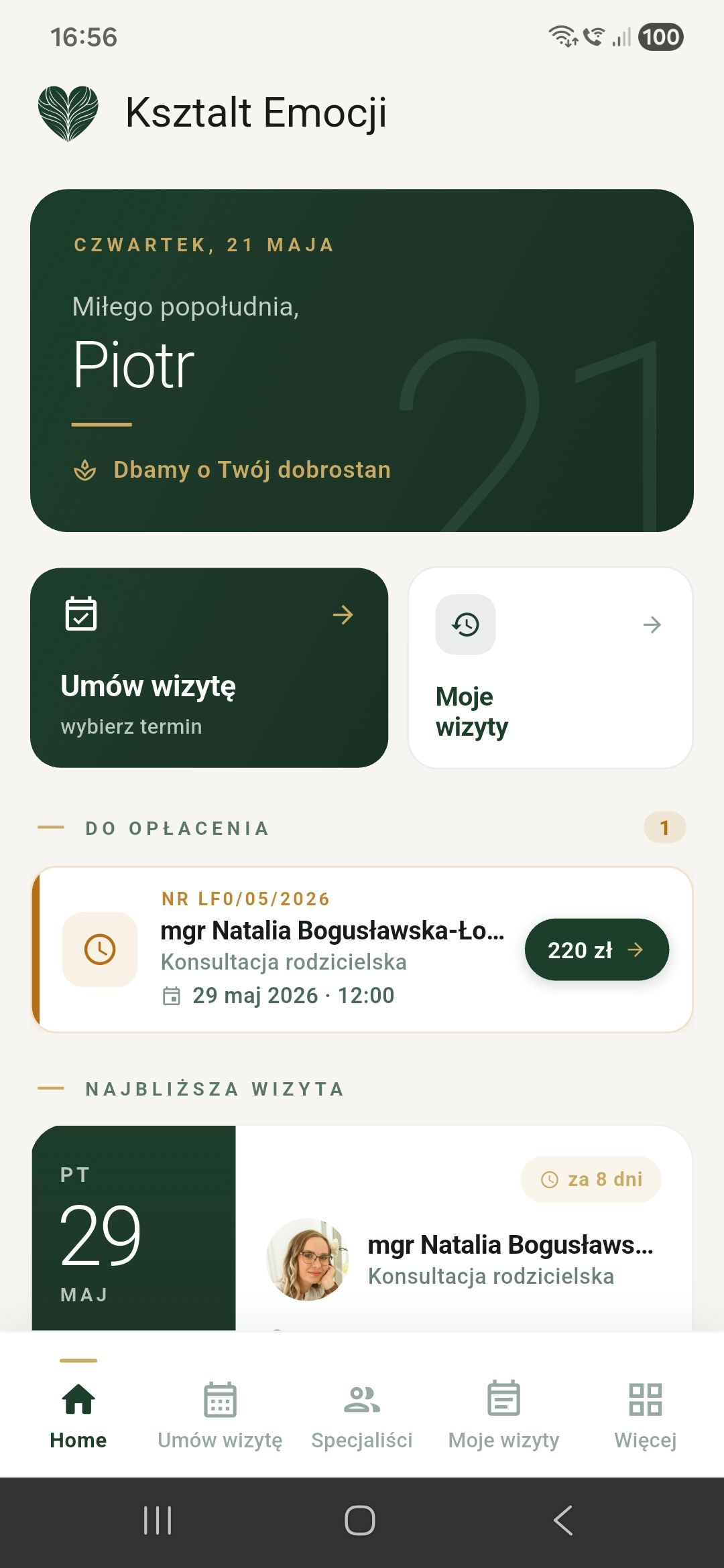 Ekran główny aplikacji Kształt Emocji