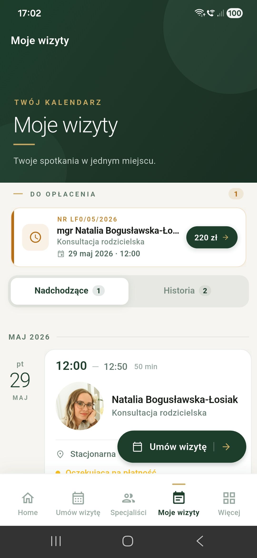 Ekran Moje wizyty w aplikacji