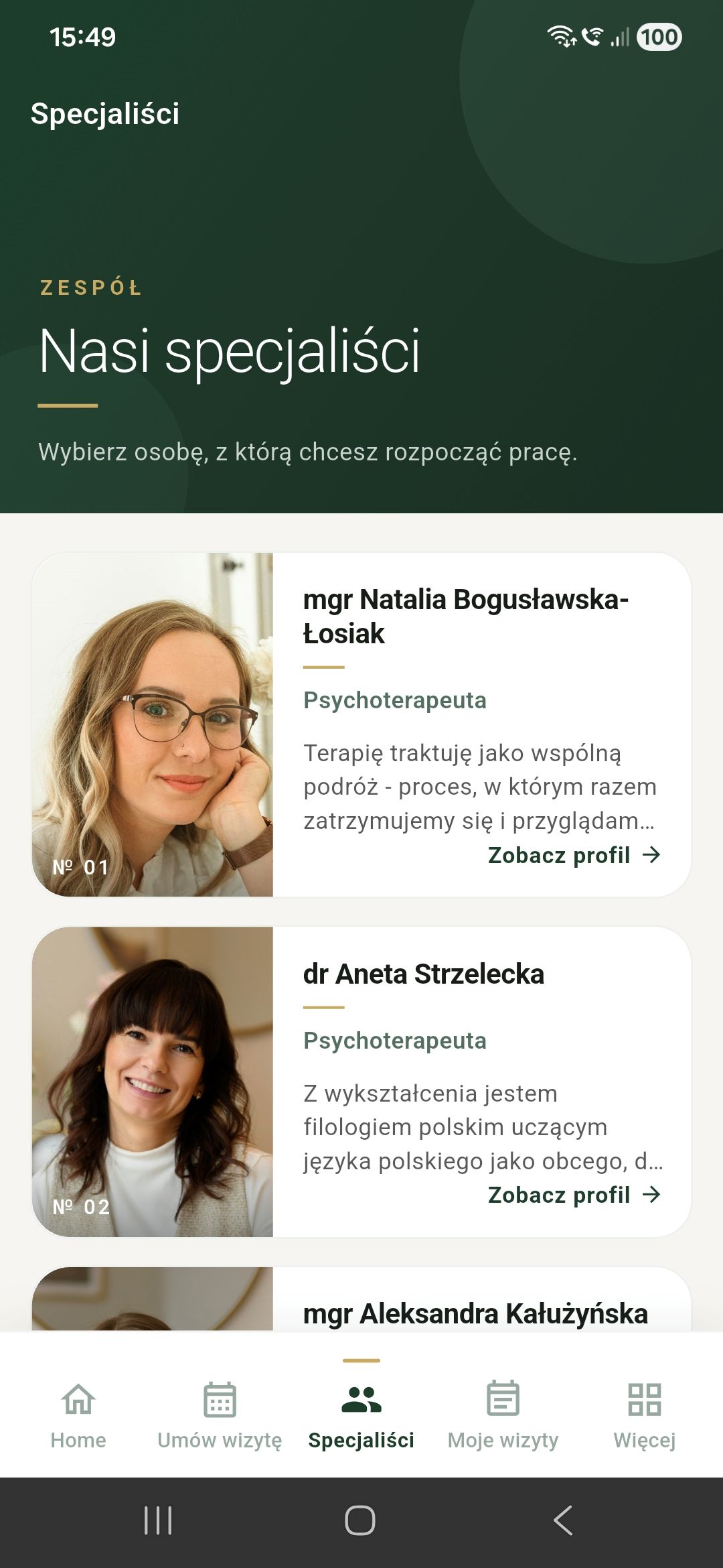 Lista specjalistów w aplikacji