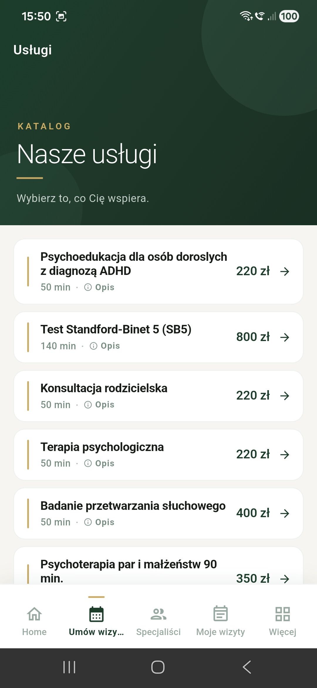 Katalog usług w aplikacji