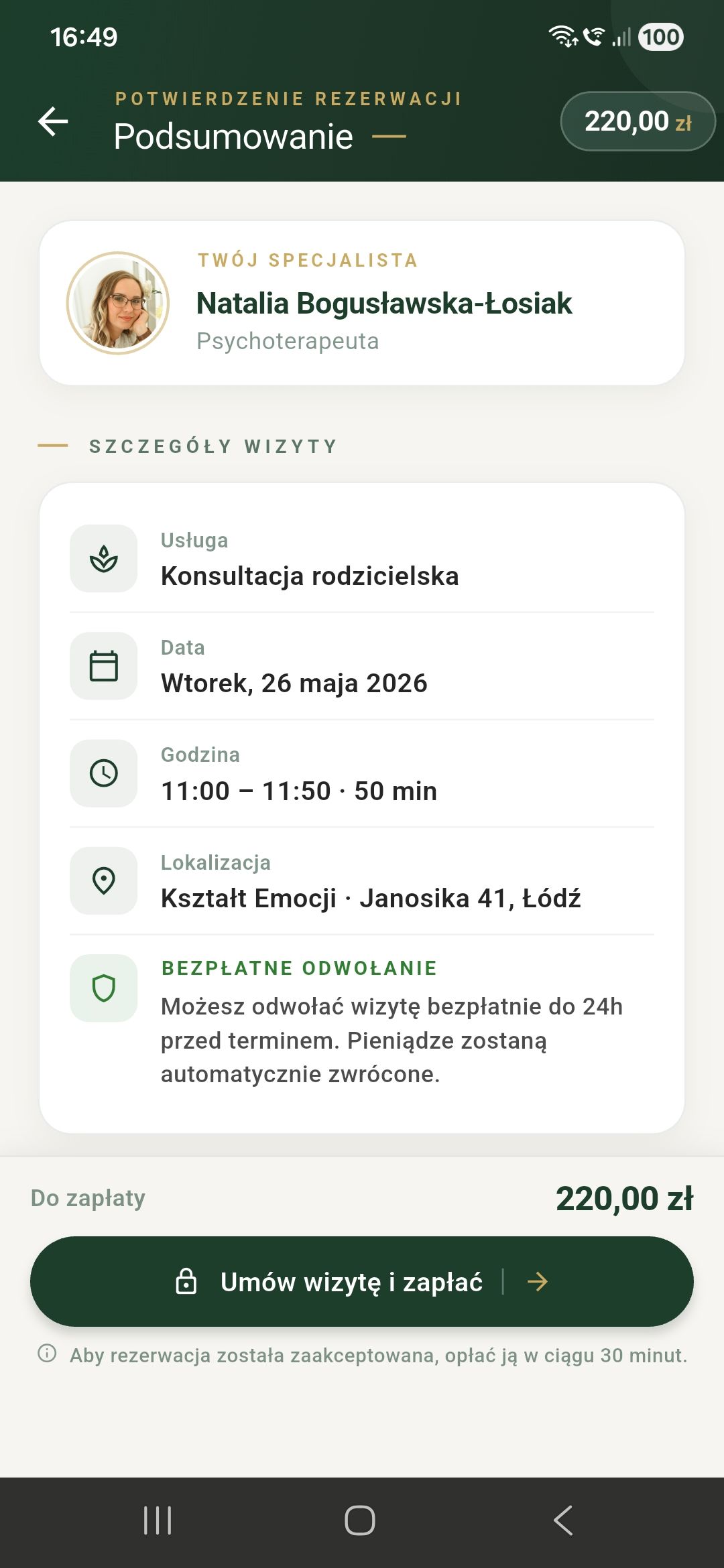 Podsumowanie i płatność za wizytę