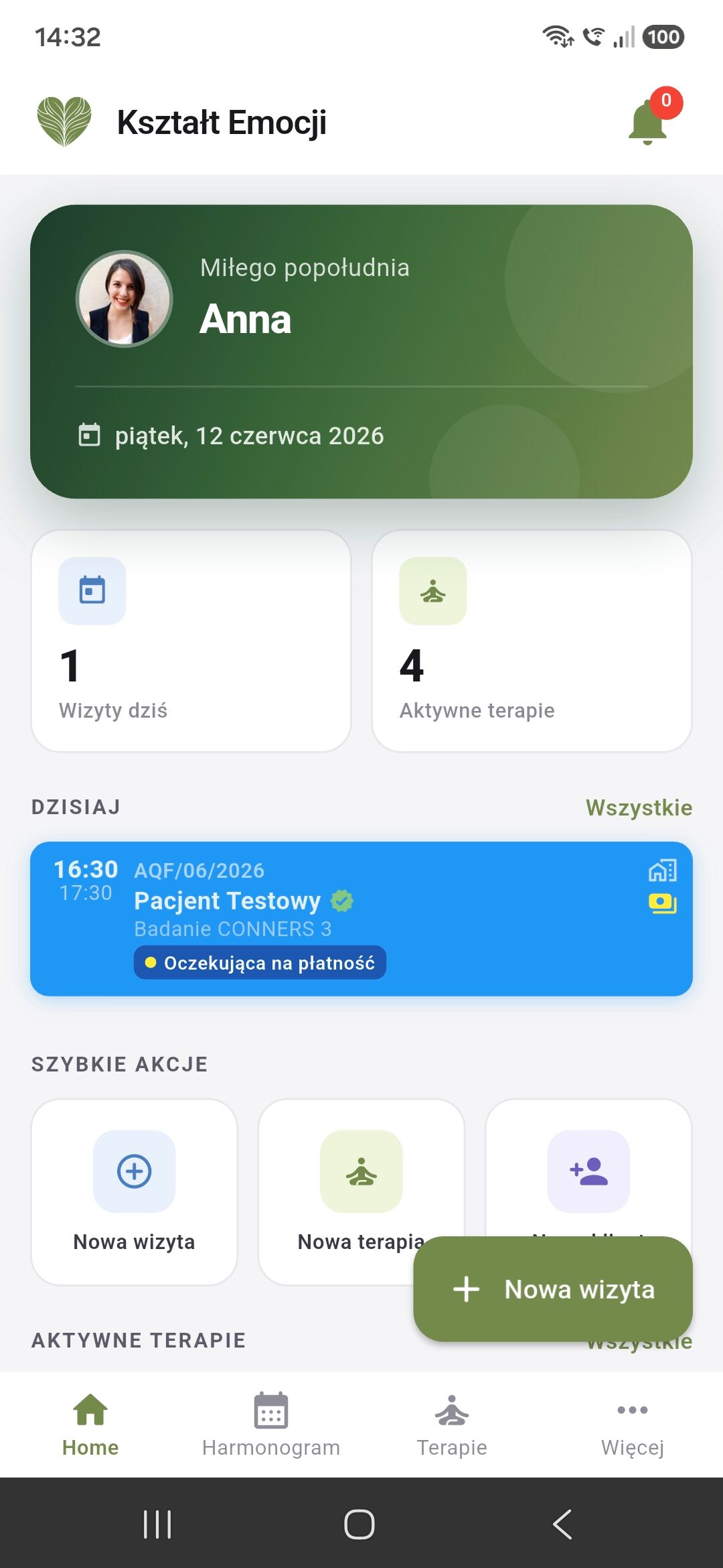 Aplikacja Kształt Emocji dla specjalistów — pulpit z najbliższą wizytą i podglądem dnia