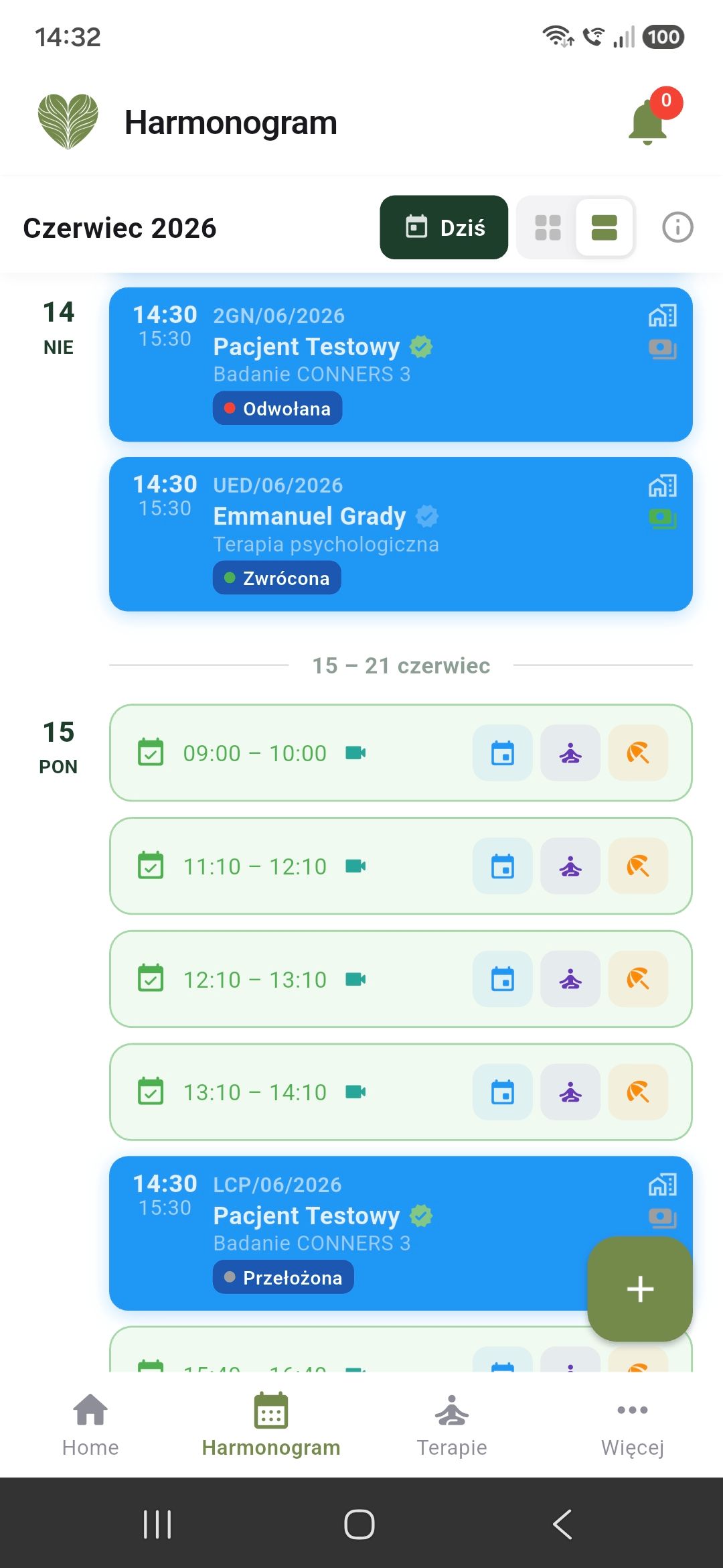 Aplikacja Kształt Emocji dla specjalistów — harmonogram z wizytami i wolnymi terminami w widoku miesiąca
