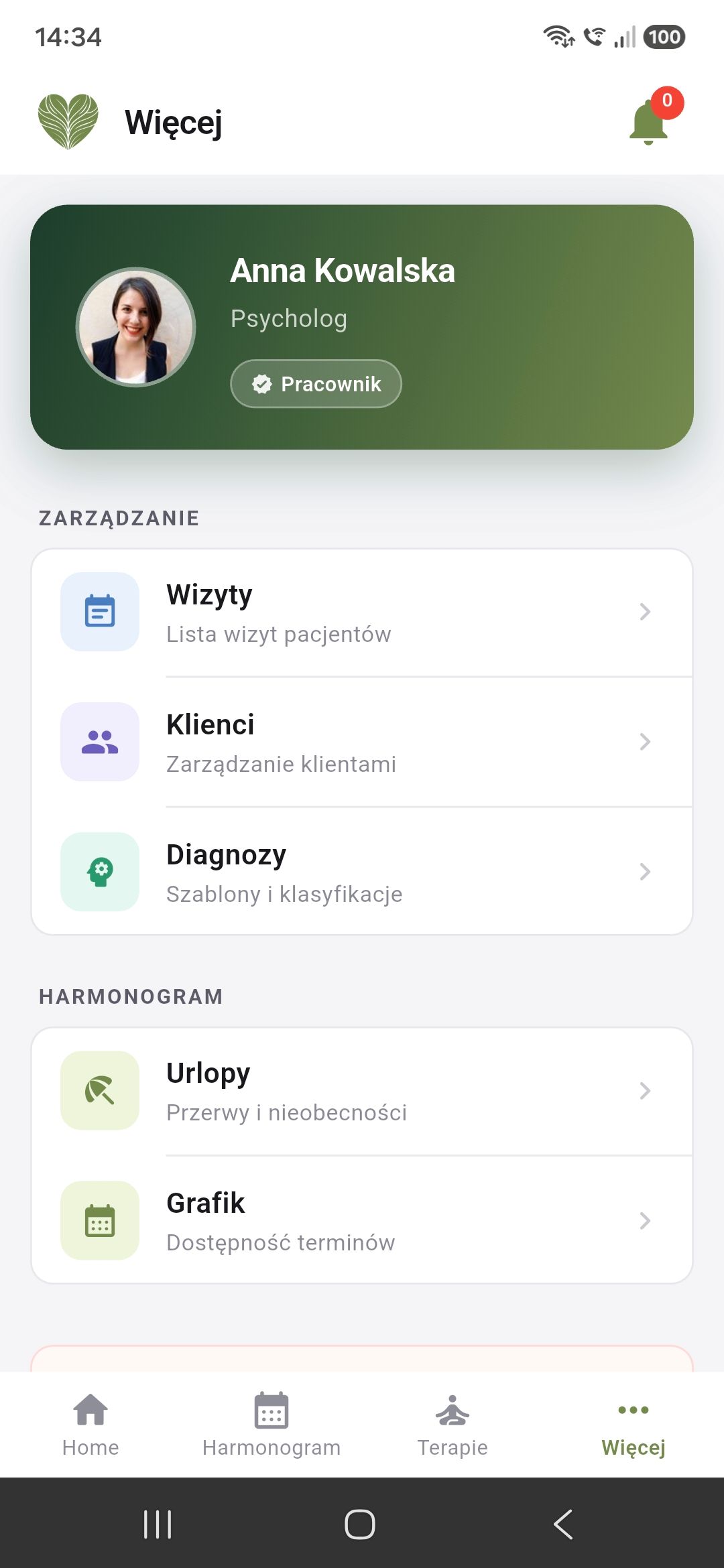 Aplikacja Kształt Emocji dla specjalistów — zakładka Więcej z modułami: wizyty, klienci, diagnozy, urlopy, grafik