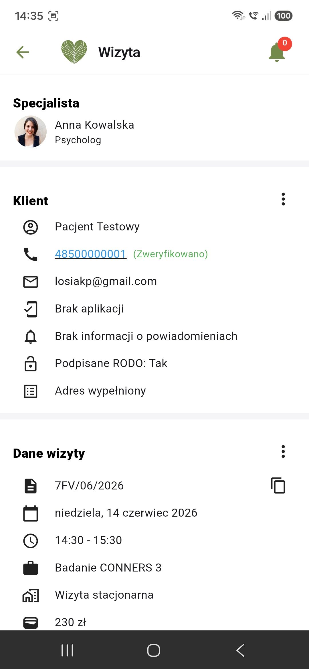 Aplikacja Kształt Emocji dla specjalistów — szczegóły wizyty z danymi pacjenta i statusem dokumentów