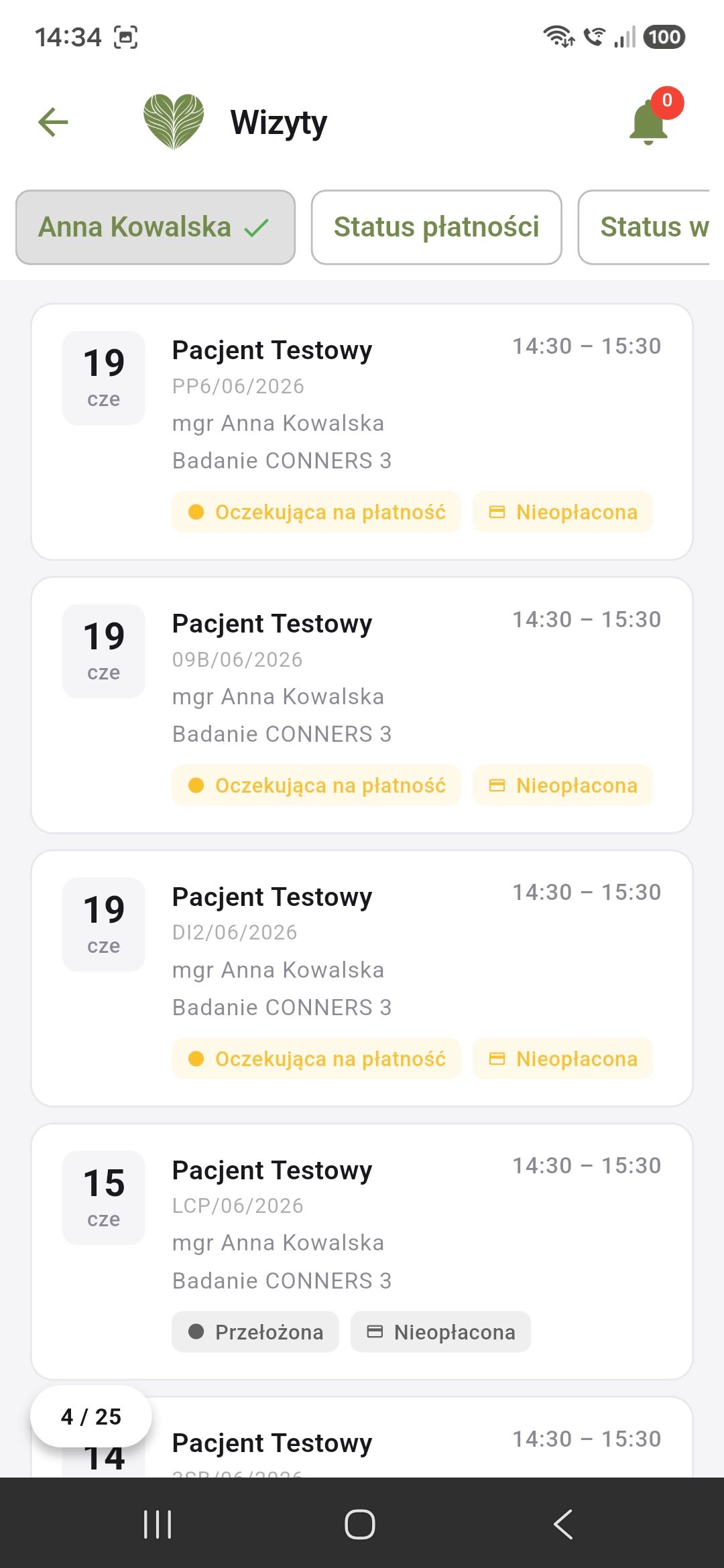 Aplikacja Kształt Emocji dla specjalistów — lista wizyt pacjentów z filtrowaniem po statusie płatności